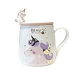 Pink Unicorn Mug Ceramic Coffee Mug with Cute Unicorn Spoon, Morning Cup Novelty Coffee Unique Tea Milk Christmas Mug for Girls Magic unicorn Lovers 13OZ (Purple)