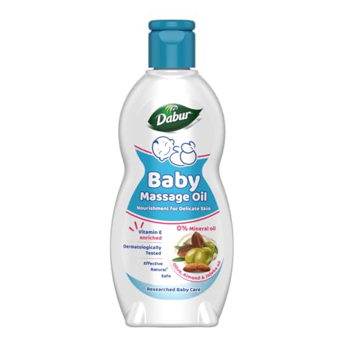 Dabur Baby Oil: Non – Sticky Baby Massage Oil with No Harmful Chemicals | Contains Jojoba, Olives & Almonds | Hypoallergenic & Dermatologically Tested with No Paraben & Phthalates – 200 ml