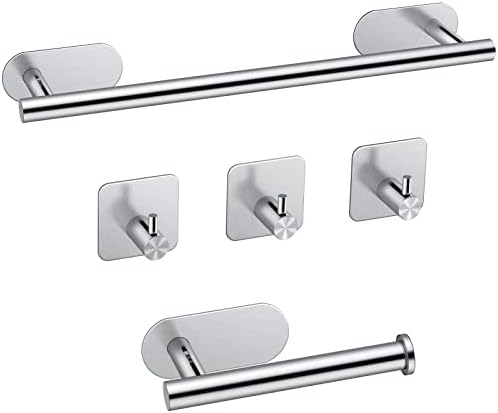 Self Adhesive Towel Rail, JiGiU 5 Pieces Bathroom Accessories Kit 16 inch/40cm Wall Mounted Towel HolderToilet Paper Holder & 3 Towel Hook 304 Stainless Steel Bath Hardware Hand Towel Bar No Drilling