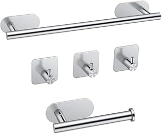 Self Adhesive Towel Rail, JiGiU 5 Pieces Bathroom Accessories Kit 16 inch/40cm Wall Mounted Towel HolderToilet Paper Holder & 3 Towel Hook 304 Stainless Steel Bath Hardware Hand Towel Bar No Drilling