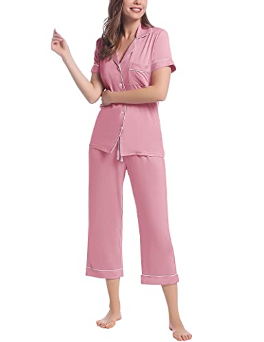 Joyaria Womens Jersey Knit Pajama Capri Long Pants/Bottoms Soft Bamboo Sleepwear Set Cooling Comfy Pj Set(Dusty Pink, Large) #TOP3
