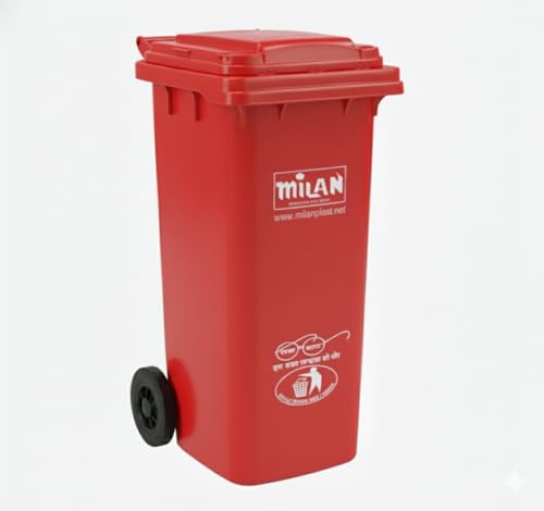 Image of Milan Plastic Manual-Lift Garbage Waste Dustbin with Wheels 100 Ltr Red