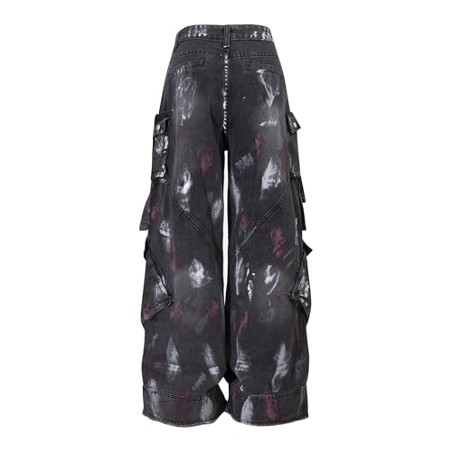 XYXIONGMAO Men's Black Denim Cargo Pants Baggy Wide Leg Grunge Streetwear Multi-Pocket Strap Detail Paint Splatter for Men2