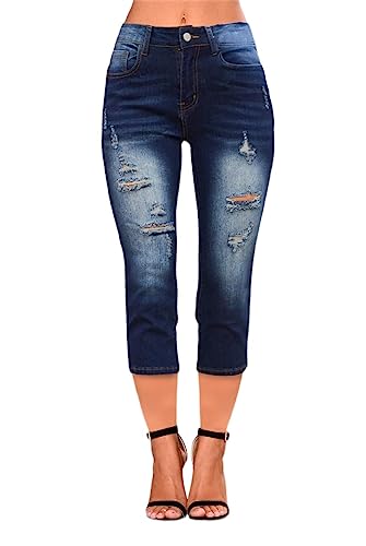Bwq Womens Ripped Capri Jeans - Skinny Stretch Destroyed Slim Fit Denim Capri Pant #TOP3