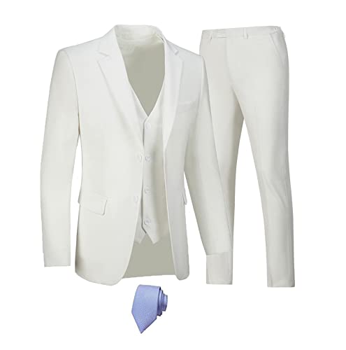 Image of Furuyal Men's Suits 3 Piece Slim Fit Suit Set,Two Button Wedding Business Tuxedo Solid Blazer Jacket Vest Pants with Tie