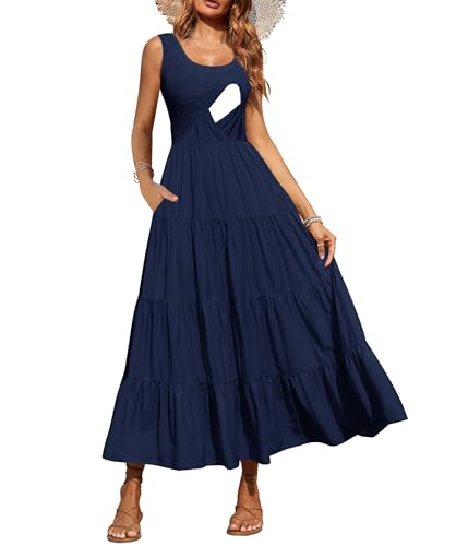 CzzzyL Vestido de Lactancia para Mujer, Cuello Redondo, sin Mangas, Escalonado, con Bolsillos, Marino, M