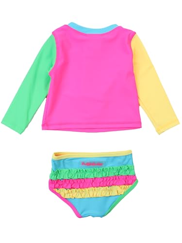 RuffleButts Baby/Toddler Girls Long Sleeve Rash Guard 2 Piece Swimsuit Set w/UPF 50+ Sun Protection with Zipper - Neon Color Block, 6 - Thumbnail 3