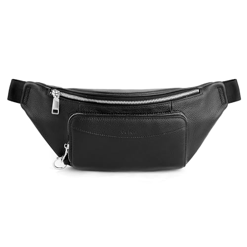 befen Black Genuine Leather Anti Theft Fanny Pack for Women Leather Waist Bag Crossbody Bags for Men Belt Bag Purse with Built in RFID Wallet