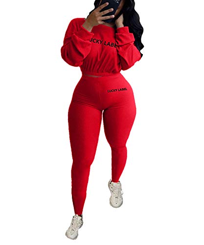 Femmes Sexy Lettre Imprimé 2 Pièces Survêtement Tenues à Manches Longues Crop Top Bodycon Legging Pantalon Ensemble - Rouge - XX-Large Cover