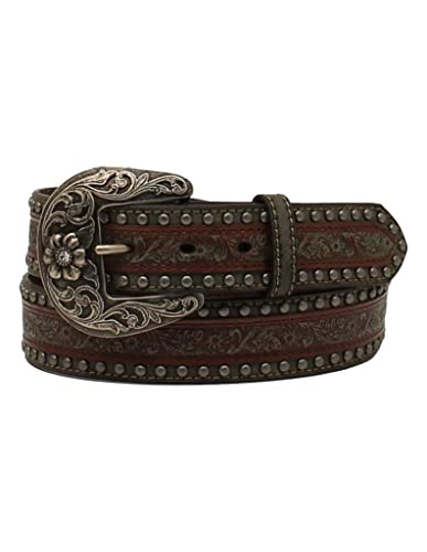 Nocona Ladies Belt 1 1/2 Embossed Overlay Studs Brown