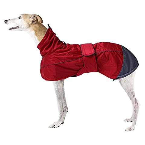 Greyhound Lurcher Winter Coat, Whippet Jacket with Padded Fleece, Water Resistant Dog Snowsuit with Adjustable Bands and High Reflective be Safety - Red - XLarge Cover