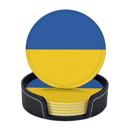 Lot de 6 sous-verres ronds en cuir synthétique avec support, motif drapeau de l'Ukraine