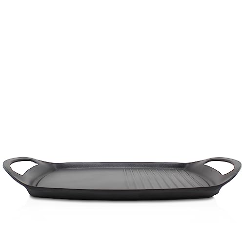 Krüger Aluguss-Grillplatte Delta 47x29cm - Grill-Platte mit Antihaft-Versiegelung und halbseitigem Rillenboden für Grill-Effekt - für schonendes Garen und fettarmes Braten