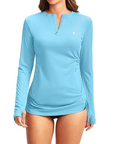 Soothfeel Women's Long Sleeve UV Sun Protection Rash Guard Shirts UPF 50+ Swim Shirt Swimsuits Top for Women with Zip Pockets Blue