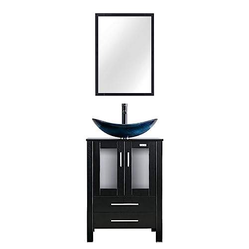 eclife 24' Modern Bathroom Vanity Sink Combo Freestanding Cabinet with Soft Closing Door, Blue Boat Glass Vessel Sink, Water Save Faucet, Drain (Black+A29BU)