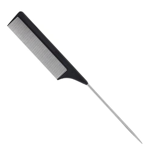 ALIABSION 1 Pack Professional Stainless Steel Rat Tail Comb for Parting Hair Pintail Hair Parting Comb with Metal Pick on End Black Anti Static Carbon Fiber Fine Tooth Comb Brush for Men and Women