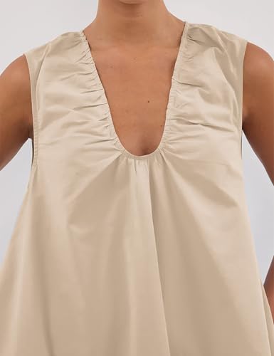 Image of Women Summer Sleeveless Babydoll Mini Dress Scoop Neck Loose Fit Tank Dresses Party Ruched Short Dress with Pockets
