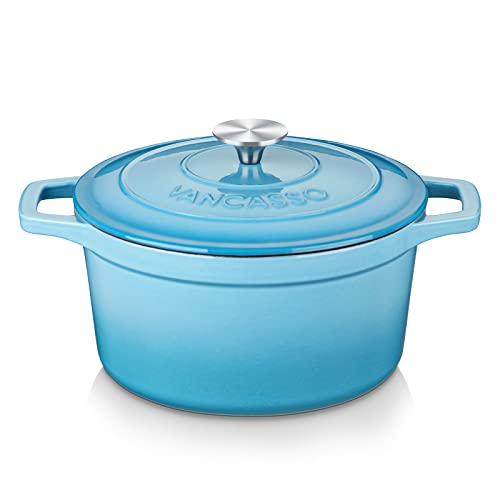 Image of vancasso 6 Qt Round Enameled Cast Iron Dutch Oven with Lid & Handles, Blue