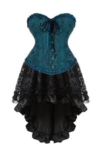 Korsett Kleid Rock Damen Corset Dress Corsage Set Bustier Corsagenkleid Blumen Gothic Vintage Grün L