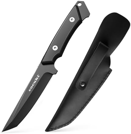 Fixed Blade Knife, 9.8-inch Full Tang Field Processing Knife - G10 Handle, Leather Sheath Included, for Skinning, Hunting, Outdoors Survival, EDC (Black)