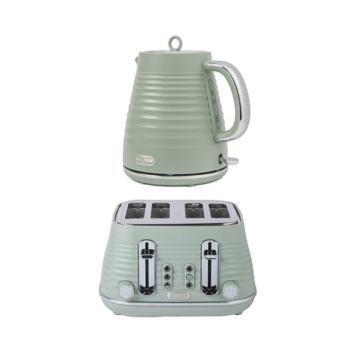 Salter Ripple Sage Toaster & Kettle Set 4-Slice 1630W Toaster 6 Browning Levels Defrost/Reheat/Cancel 1.7L Rapid Boil Kettle with Removable Limescale Filter Auto Shut-Off Textured Design