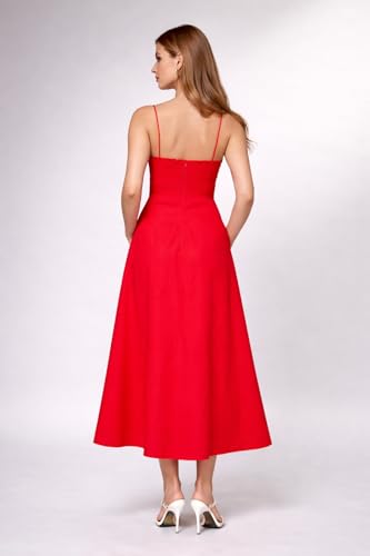 Image of Women's Spaghetti Strap Midi Dress, Fit and Flare A-Line Silhouette, Square Neck Summer Sundress