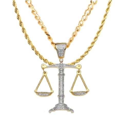 Scales of Justice Necklace Balance Libra Pendant Gold Plated Copper Necklace Zircon Iced Out Jewery for Men and Women Chain 24 inches