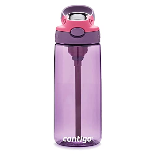 Image of Contigo Aubrey Kids Water Bottle, 20oz, Eggplant, Spill-Proof Lid, Dishwasher Safe, Easy Clean, Purple and Pink