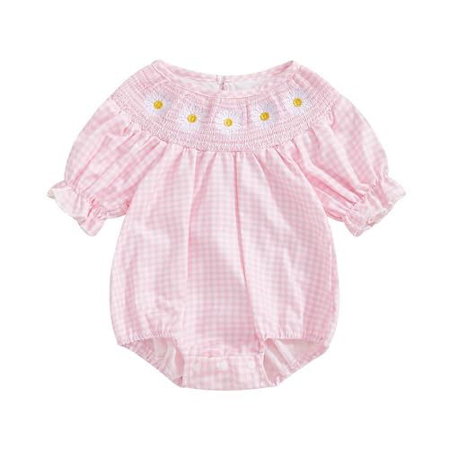 Aiwpstoin Infant Baby Girl Plaid Bubble Romper Clothes Daisy Embroidery Short Sleeve Smocked Bodysuit Summer Outfit (Pink, 0-3 Months)