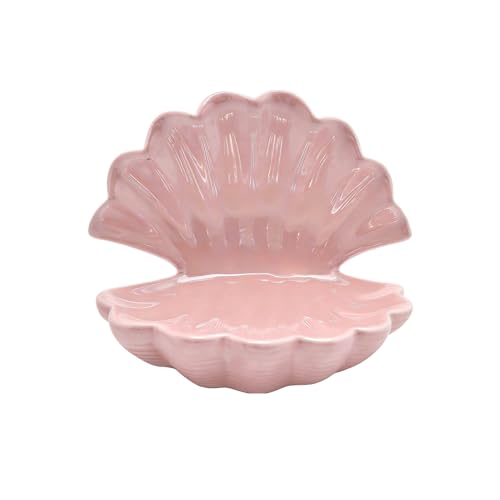 Ceramic Seashell Jewelry Tray Ring Dish - Pink Decorative Bowl for Vanity Dresser, Coastal Trinket Dish Holder Organizer, Small Catch All Key Bowl for Bedroom Nightstand Entryway, Girls Room Decor