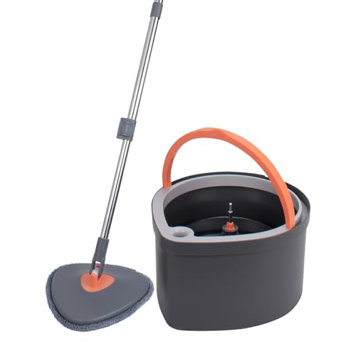 Image of BonKaso 360 Spin Mop with Drop Bucket Deluxe System Set and Reusable Microfiber Pads for Wet & Dry Glass, Wall, Tile and Home Floor Cleaning - Grey and Orange