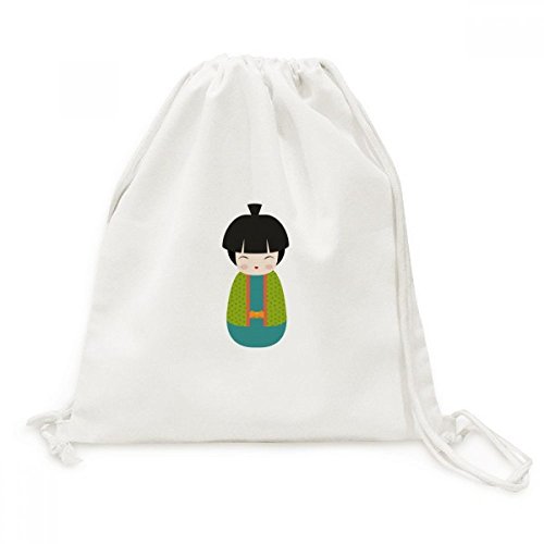 Sac cordon en toile robuste illustration premium poupée japonaise kimono vert