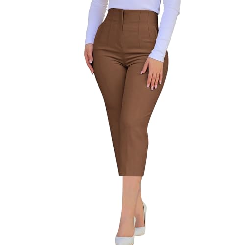 Dress Capris Pants for Women Business Casual Crop Trousers Summer Yoga Gym Slacks High Waisted Office Work Pants(Brown,Large)