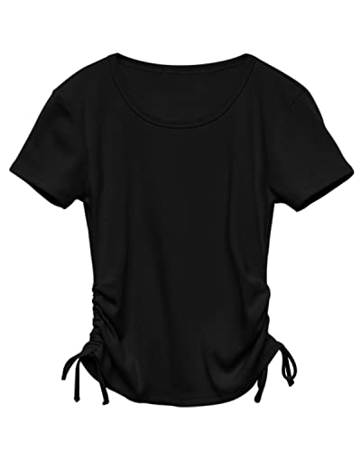 Image of Imily Bela Girls Tees Shirts Cute Crew Neck Short Sleeve Side Drawstring Solid Tops Kids Children Summer Clothes