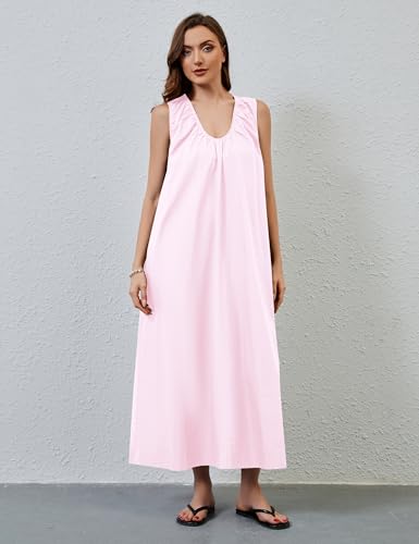 Image of MISSACTIVER Women's Sleeveless Maxi Dress Scoop Neck Ruched Long Dress with Side Pockets Wide Shoulder Elegant Blouse Dresses