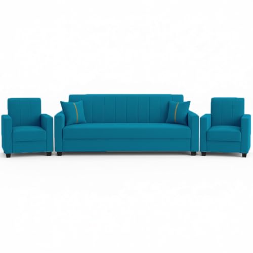 Image of FURNY Cosmos 5 Seater Fabric 3+1+1 Sofa Set (Aqua Blue) Premium Velvet Finish | Durable Comfort | Ideal for Living Room