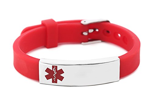BAIYI Personalized Medical Alarm ID Bracelets Stainless Steel Emergency Sport Silicone Bracelets Red for Women and Girls 6-8in