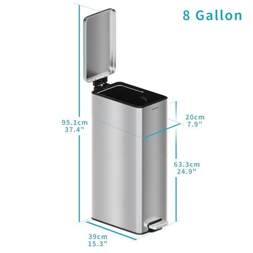 SolaceCove 8 gallon/30L Slim Stainless Steel Garbage Can with Soft Close lid for Small Spaces，Pedal Fingerprint Proof Trash Bin with Removable Inner Bucket for Kitchen - Thumbnail 7