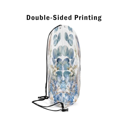 Watercolor Gray Brown Rabbit Drawstring Backpack 13"x16" Natural White Hippie Daisy Blue Floral Gym Sports Cinch Bag Sackpack for Women Men 3D Cute Wild Animal Drawstring Bag for Yoga4