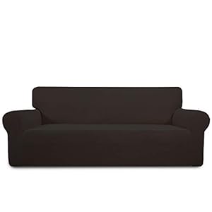 PureFit Stretch Sofa Slipcover – Spandex Jacquard Non Slip Soft Couch Sofa Cover, Washable Furniture Protector with Non Skid Foam and Elastic Bottom for Kids (Sofa, Chocolate)