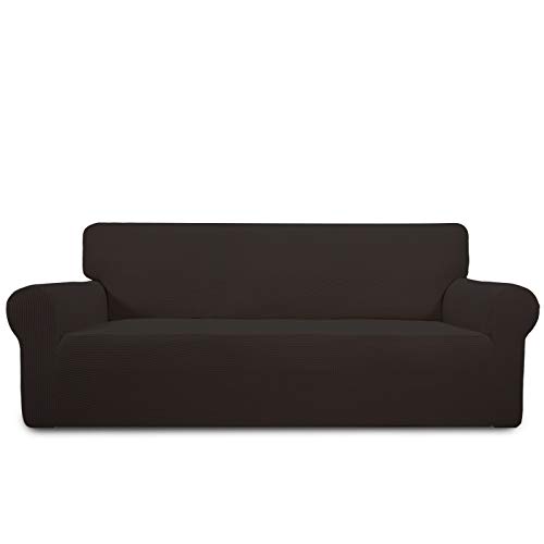 PureFit Stretch Sofa Slipcover – Spandex Jacquard Non Slip Soft Couch Sofa Cover, Washable Furniture Protector with Non Skid Foam and Elastic Bottom for Kids (Sofa, Chocolate)
