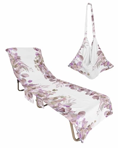 Purple Botanical Beach Lounge Chair Towel Cover, Soft Chaise Lounge Towel with Side Pockets Patio Pool Chairs Cover for Beach/Pool Sunbathing 29x85 Spring Floral Summer Eucalyptus Leaf