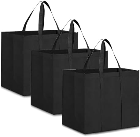 Black Foldable Shopping Bag, Pack of 3, Reusable Grocery Bags, Shopping Bags with Handles, Shopping Basket, Large Shopping Bag for Shopping, Picnic, Camping (41 x 33 x 26 cm) image 4