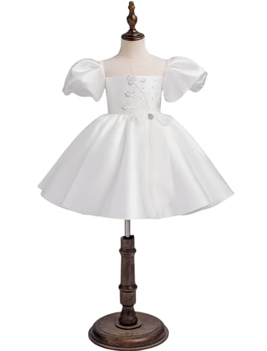 Satin Flower Girl Desses for Wedding Puff Sleeve Princess Pageant First Communion Dresses with Bow Knot4