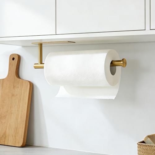 Image of Gold Paper Towel Holder Under Cabinet, Self Adhesive Paper Towel Roll Holder Stick on Wall, Stainless Steel Towel Paper Holder for Kitchen Bathroom