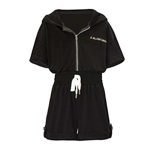 Welaken Girls' Fashion Casual Short Sleeve Hoodies Jumpsuit & Romper With Pocket,Black Playsuit #TOP24