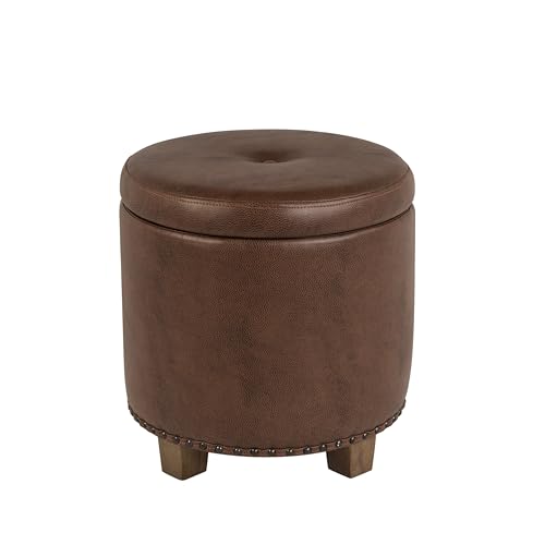 Image of HomePop 18.5 inch Round Storage Ottoman with Nailheads - Brown Faux Leather