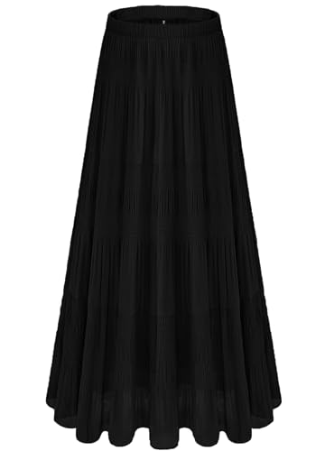 NiPaMi Women's Chiffon Black Flowy Maxi Skirt Boho Fall Elastic Waisted Pleated A Line Long Skirts for Women 2025(Black-44,XL)