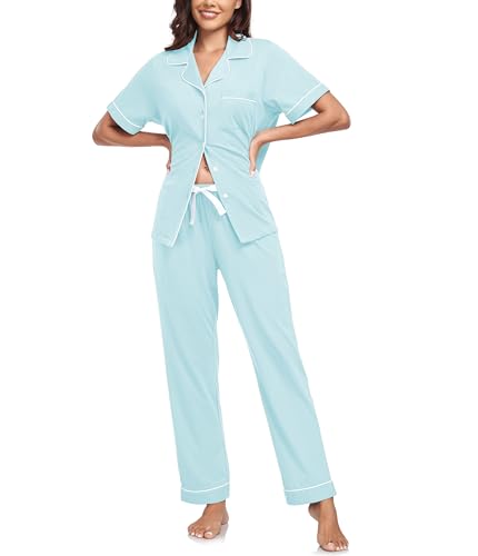Image of CF Womens 100% Cotton Pajamas Set Button Down Pjs Sets Short Sleeve Top & Long Pants Sleepwear Comfy Loungewear with Pockets