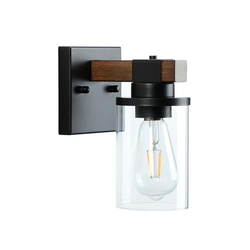 Image of Wonlity-Bathroom Vanity Light Fixtures Over Mirror, 1-Light Black and Wood Grain Color Bathroom Lights, Wall Sconces with Clear Glass Shade for Hallway Farmhouse Bedroom Living Room Staircase Kitchen